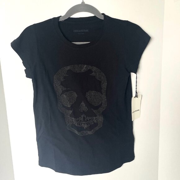 Zadig & Voltaire Strass Stud Skull T-Shirt Womens Small Black Short Sleeve Stret - Picture 1 of 7